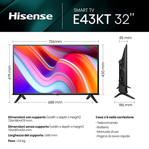 Hisense 32" HD 32E43KT, Smart TV VIDAA U6, Game Mode, Controlli vocali Alexa, Tuner DVB T2/S2 HEVC 10, lativù : Amazon.it: Elettronica