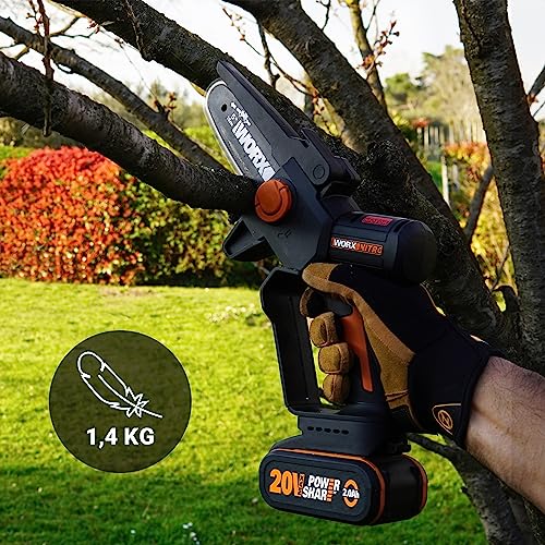 WORX Nitro Mini Motosega potatore a batteria WG325E, Motore Brushless, lubrificazione automatica, leggera e compatta, Motosega Elettrica, PowerShare 20V, con batteria e caricabatterie : Giardino e giardinaggio