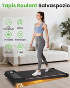 Tapis Roulant Elettrico Pieghevole Salvaspazio, Velocità Regolabile 1-8Km/H, Walking Pad 2.5HP, Nessuna installazione richiesta, Salvaspazio, Telecomando
