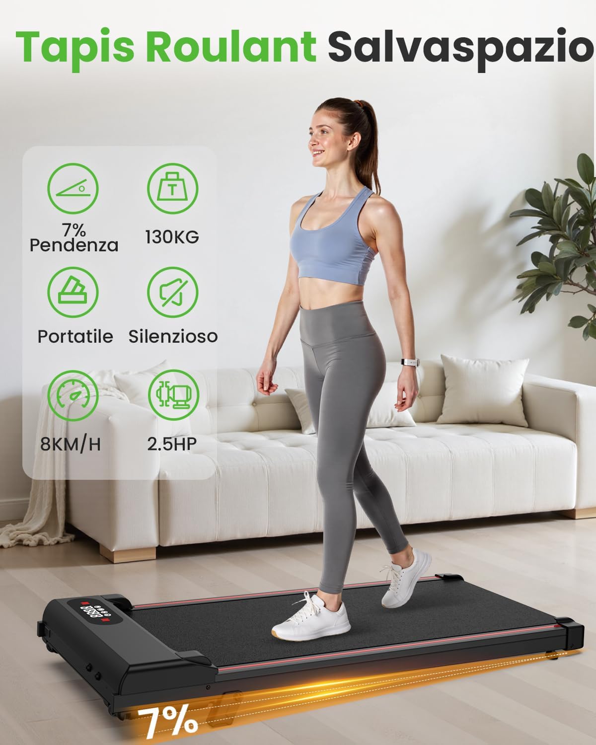 Tapis Roulant Elettrico Pieghevole Salvaspazio, Velocità Regolabile 1-8Km/H, Walking Pad 2.5HP, Nessuna installazione richiesta, Salvaspazio, Telecomando