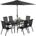 Outsunny 8 Pieces Patio Table and Chairs Set with 9 Ft Patio Umbrella, Outdoor Dining Set with 4.6 Ft Dining Table and 6 Chairs, Push Button Tilt and Crank Parasol, Tempered Glass Top, Black