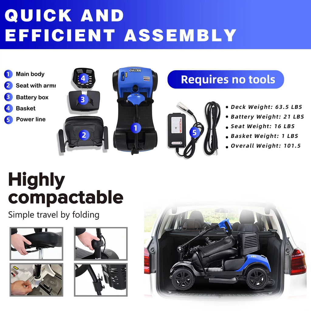 Scooter elettrico per anziani, sedia a rotelle elettrica pieghevole con cestino, pieghevole e compatto per viaggiare con la famiglia (blu) - MadeInUSA