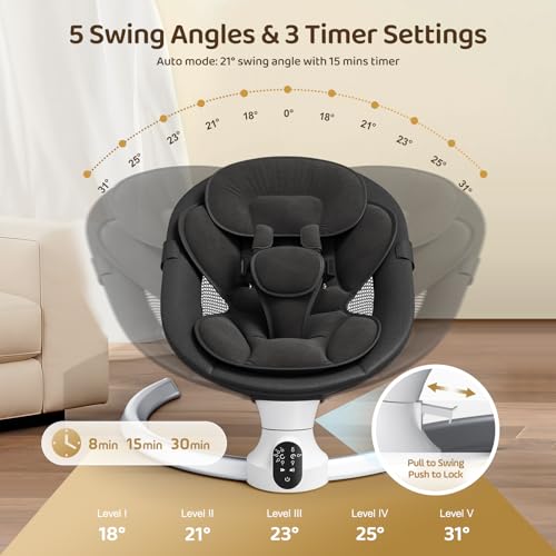 Ixdregan Sdraietta Neonati Elettrica   App e Telecomando Dondolo Neonati Elettrico con 3 timer, 5 Velocità di Altalena, 10 Musiche, Sdraietta Neonati Bluetooth Imbottita Morbida Baby (APP Nero) : Prima infanzia