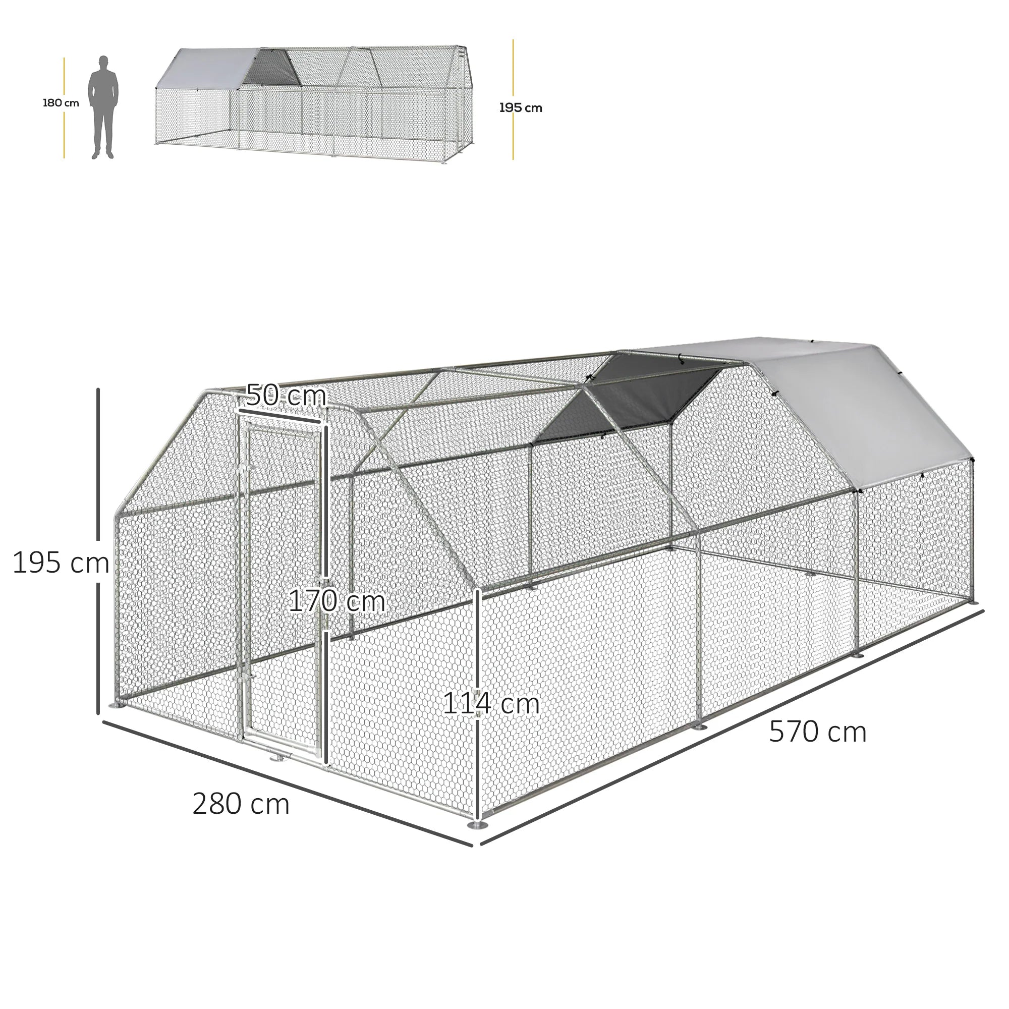 Easycomfort Recinto Gabbia per Galline in Metallo Galvanizzato Impermeabile, Pollaio con Porta e Copertura Oxford, 280x570x195cm