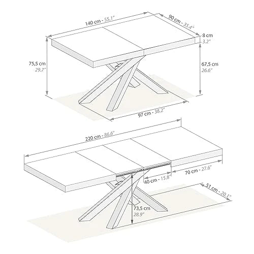 Mobili Fiver Emma 140 Tavolo da Pranzo Allungabile – Piano in Rovere Rustico con Gambe Bianche Incrociate, Laminato/Ferro, Made in Italy