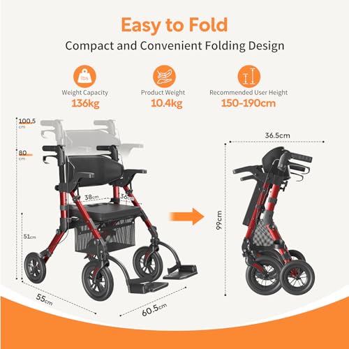 VOCIC Deambulatore per sedia a rotelle 2 in 1, pieghevole e leggero, con sedile, pneumatici in gomma per esterni, per tutti i terreni, leggeri con tasca a rete, in alluminio, colore rosso : Amazon.it: Salute e cura della persona