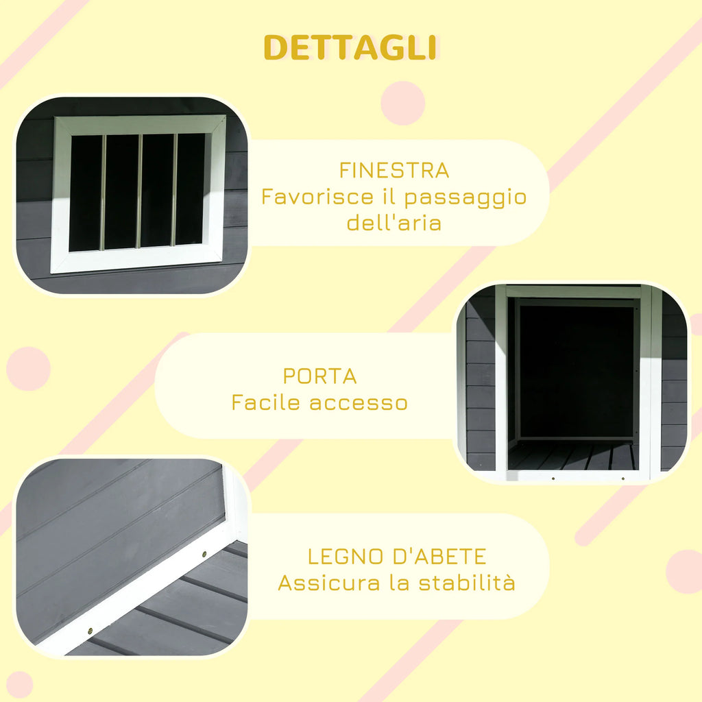 Easycomfort Cuccia per Cani da Esterno con Terrazza, Finestra e Tetto Impermeabile, 124x112x105cm, Grigio