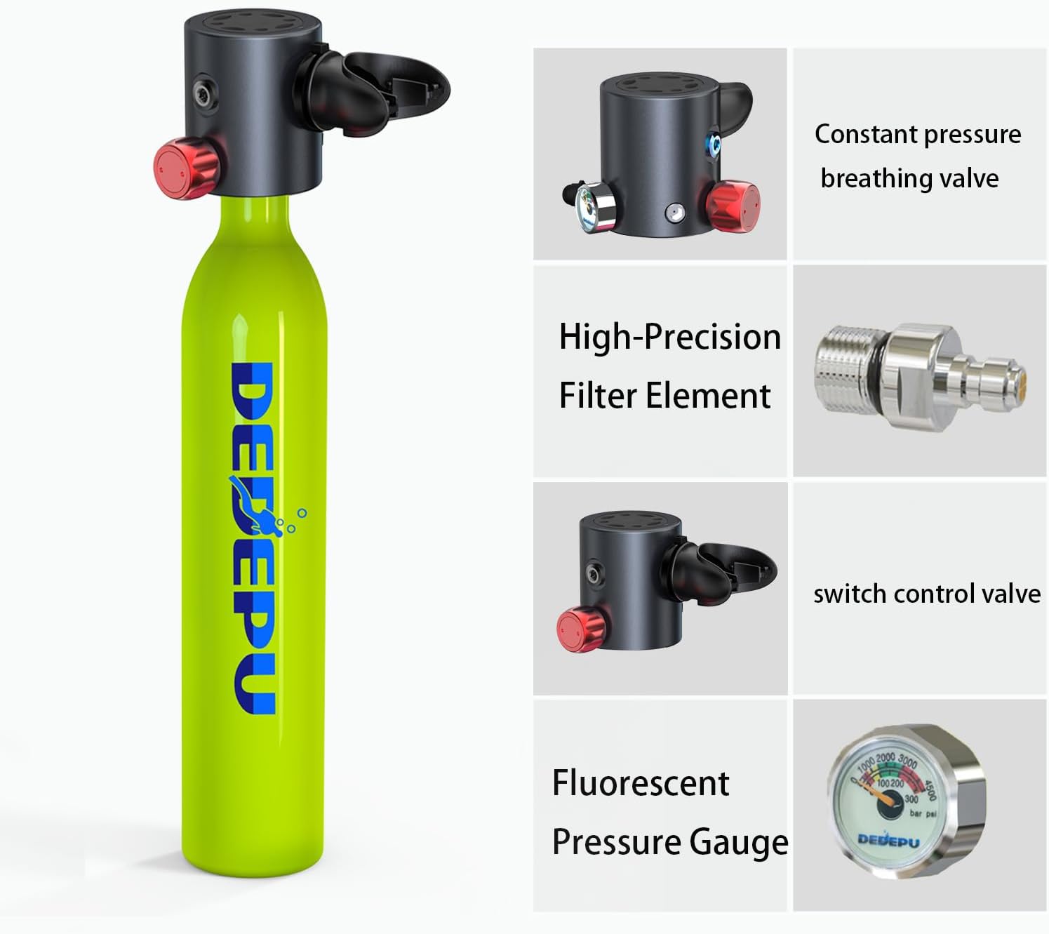 Bombola per immersioni subacquee, mini bombola da 0,5 l a pressione costante, bombole con valvola di intercettazione, capacità di immersione subacquea di 5-10 minuti, mini bombole portatili, bombole per immersioni subacquee con pompa