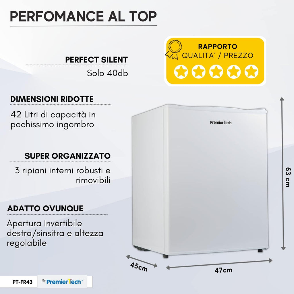 PremierTech Mini Congelatore, Freezer 42 litri, 4**** Stelle, Compatto, Da Tavolo, Risparmio Energetico, Porta reversibile, Bianco, PT-FR43
