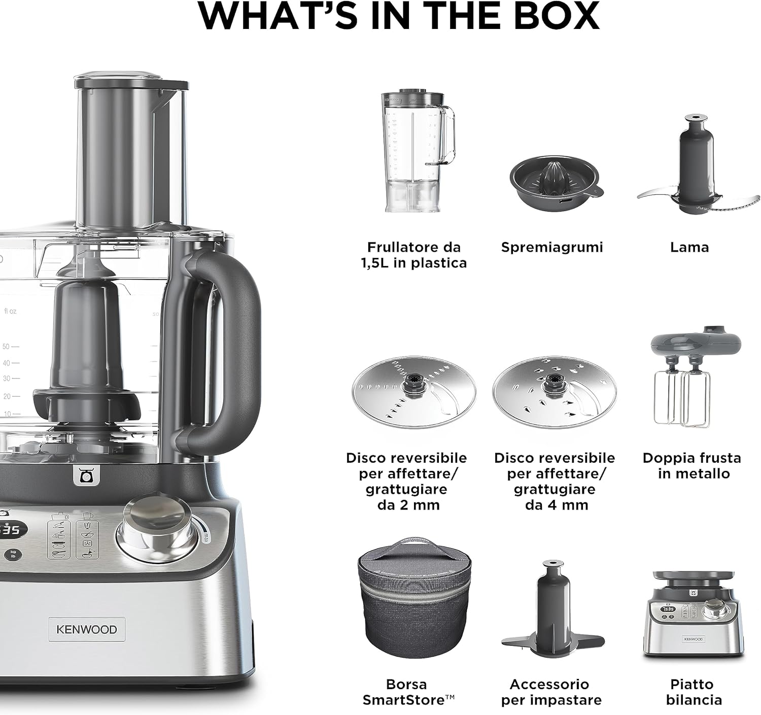 Kenwood FDM71.450SS MultiPro Express Weigh Robot da Cucina con 8 Accessori Dedicati, Velocità Regolabile con Funzione Pulse, Bilancia Digitale Integrata, Capacità 3L, , Argento