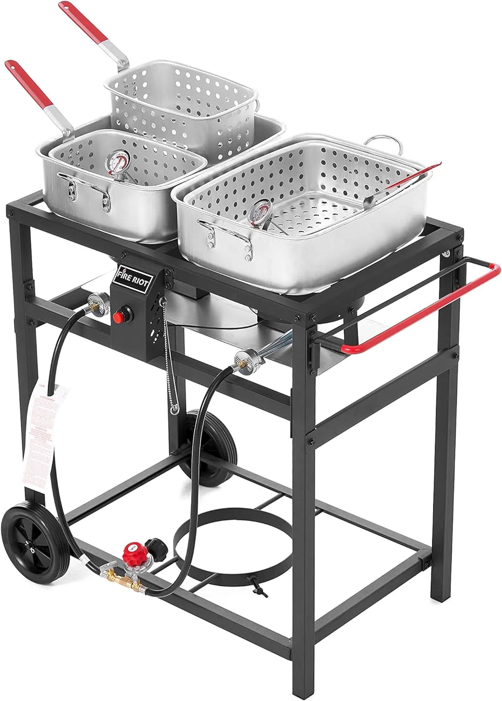 Carrello per friggitrice a doppio bruciatore a propano per esterni, 2 pentole in alluminio da 18 QT e cestelli per friggere, ideale per fritture di pesce, alette di pollo, patatine fritte, patatine fritte Cajun