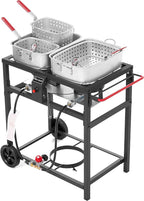 Carrello per friggitrice a doppio bruciatore a propano per esterni, 2 pentole in alluminio da 18 QT e cestelli per friggere, ideale per fritture di pesce, alette di pollo, patatine fritte, patatine fritte Cajun