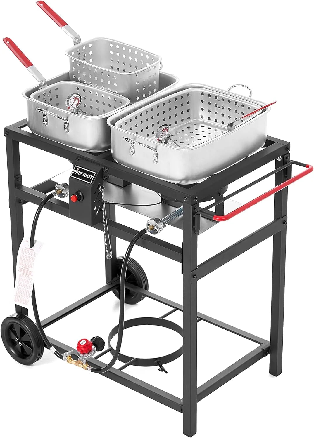 Carrello per friggitrice a doppio bruciatore a propano per esterni, 2 pentole in alluminio da 18 QT e cestelli per friggere, ideale per fritture di pesce, alette di pollo, patatine fritte, patatine fritte Cajun