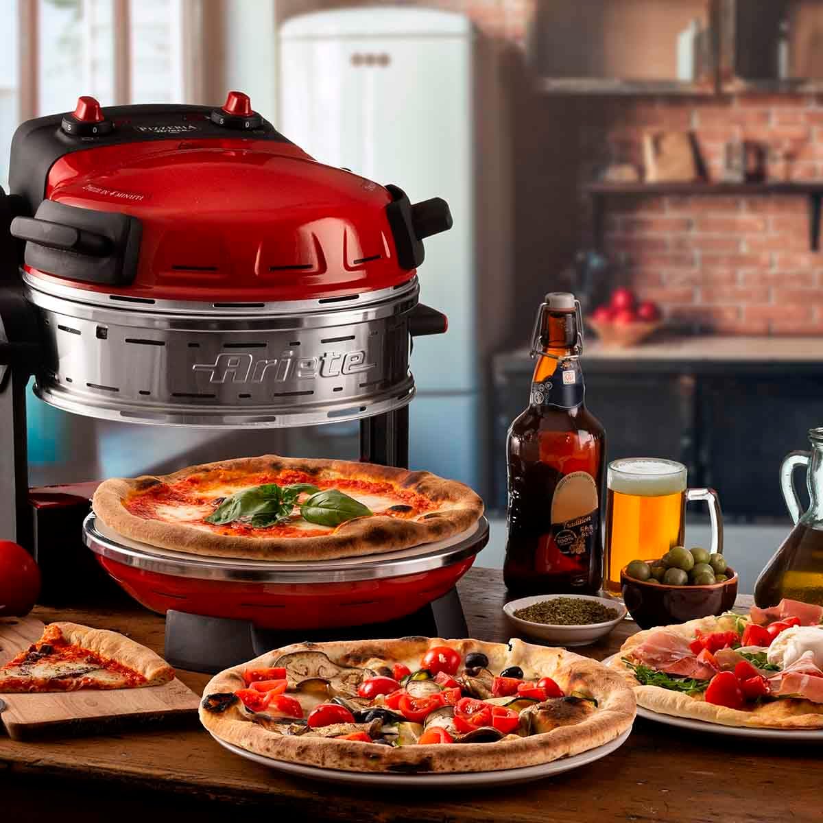 Ariete 927 Pizzeria Ariete, Forno pizza doppio, 2300 W, 2 pietre refrattarie, 2 pizze in 4 minuti, 2 termostati, Diametro 32 cm, 5 livelli di cottura, 2 pale in acciaio inox, Rosso