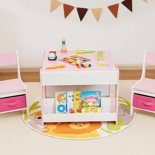 Yorbay Tavolo per Bambini con 2 Sedie, Set di Mobili per Bambini in Legno con Vano Portaoggetti e Scaffalature, 3 in 1, Tavolo da Attività e Tavolo da Tavolo, Cameretta dei Bambini,Sala Giochi : Casa e cucina