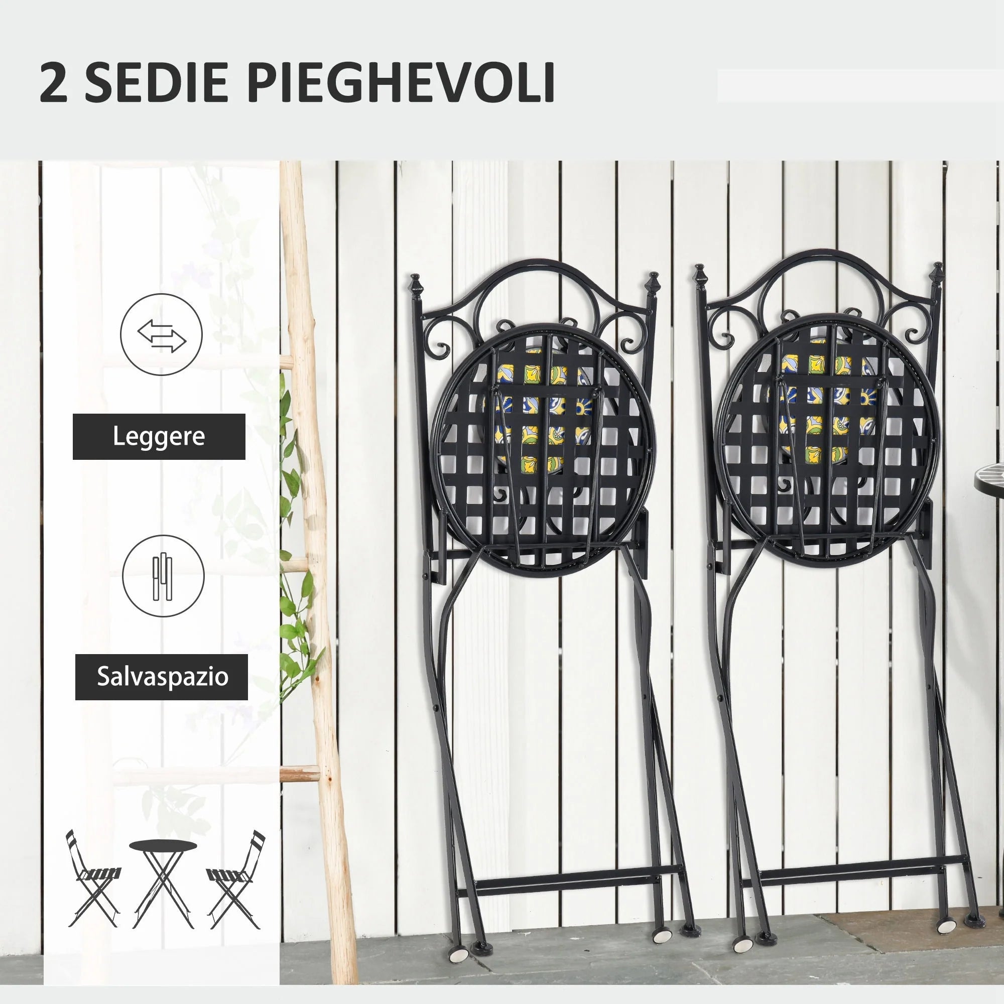 Easycomfort Set Tavolo e Sedie da Balcone 3 Pezzi, Set da Giardino Pieghevoli in Metallo con Maioliche Colorate, Multicolore