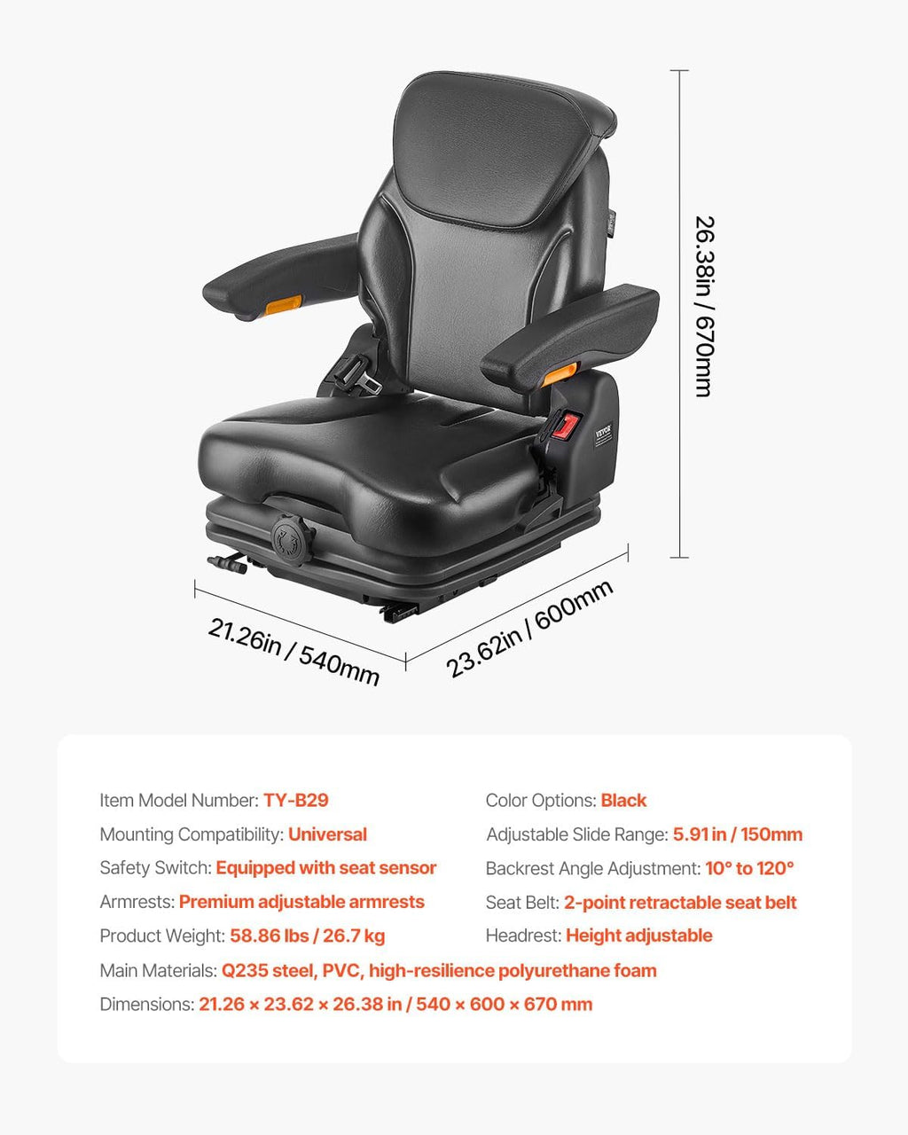 VEVOR Universal Forklift Seat with Adjustable Backrest, Armrest, Headrest and Safety Belt, Safe Folding Tractor Seat with Micro Switch for Lawnmowers
