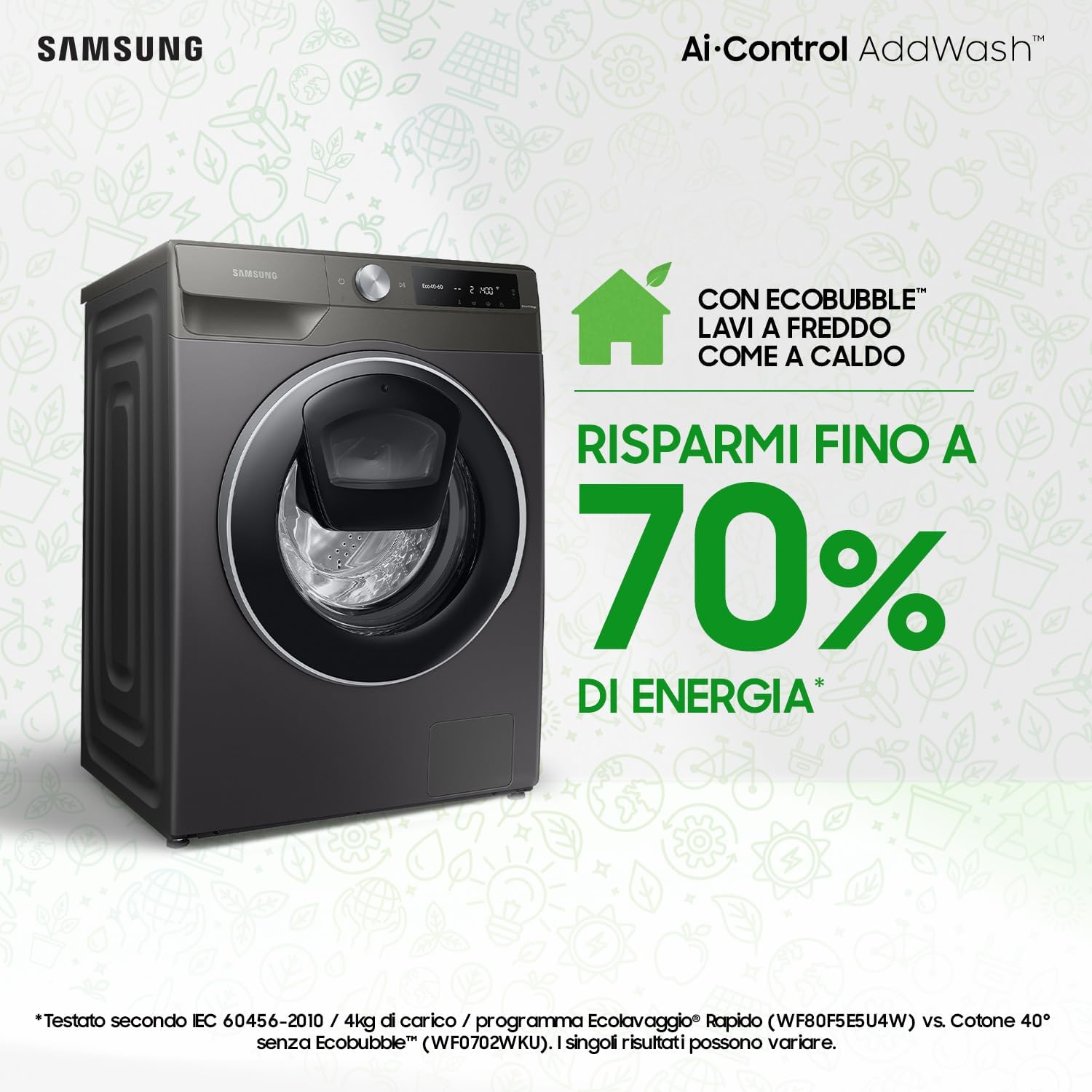 Lavatrice AI control Addwash WW90T684DLN/S3, Libera installazione, 9 Kg, 1400 RPM, WiFi, Ecodosatore, Vapore, Carica Frontale, 60l x 85h x 55p cm, Nero