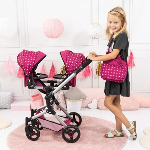 Bayer Design  Passeggino Gemellare, Carrozzina per Bambole, Regolabile in Altezza, Pieghevole con Borsa a Tracolla, Colore Rosso, Bordeaux, Fata, 26267AA : Giochi e giocattoli