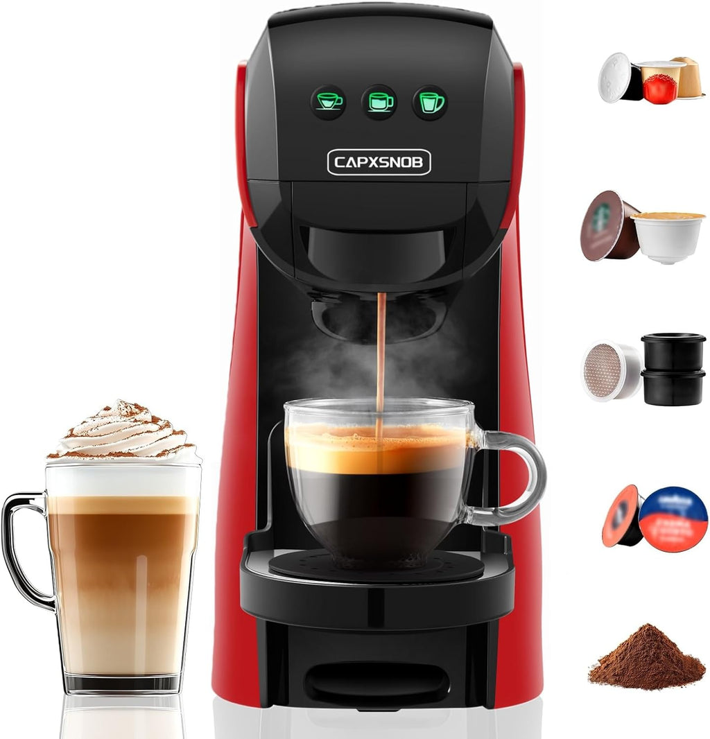 Warriors1 Macchina da Caffè Capsule 5in1 per Nespresso OL, Dolce Gusto, Lavazza A Modo Mio, FAP Espresso Point e Caffè Macinato, 20bar, 0,8L, Calore e Quantità Regolabili, Compatta per Casa e Ufficio