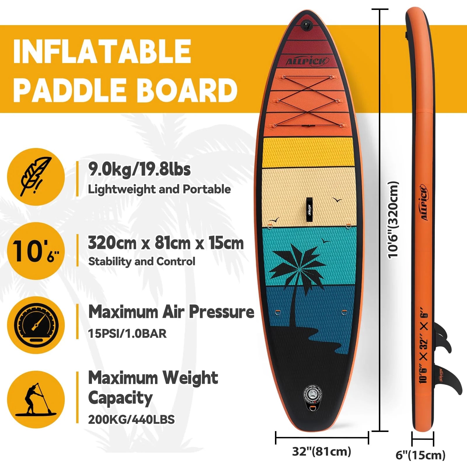 Set premium tavola SUP ALLPICK, tavola da Stand Up Paddling gonfiabile, con supporto universale per fotocamera, accessori completi, pagaia regolabile, per principianti e avanzati, capacità 150kg/180kg, colore arancione crepuscolo.