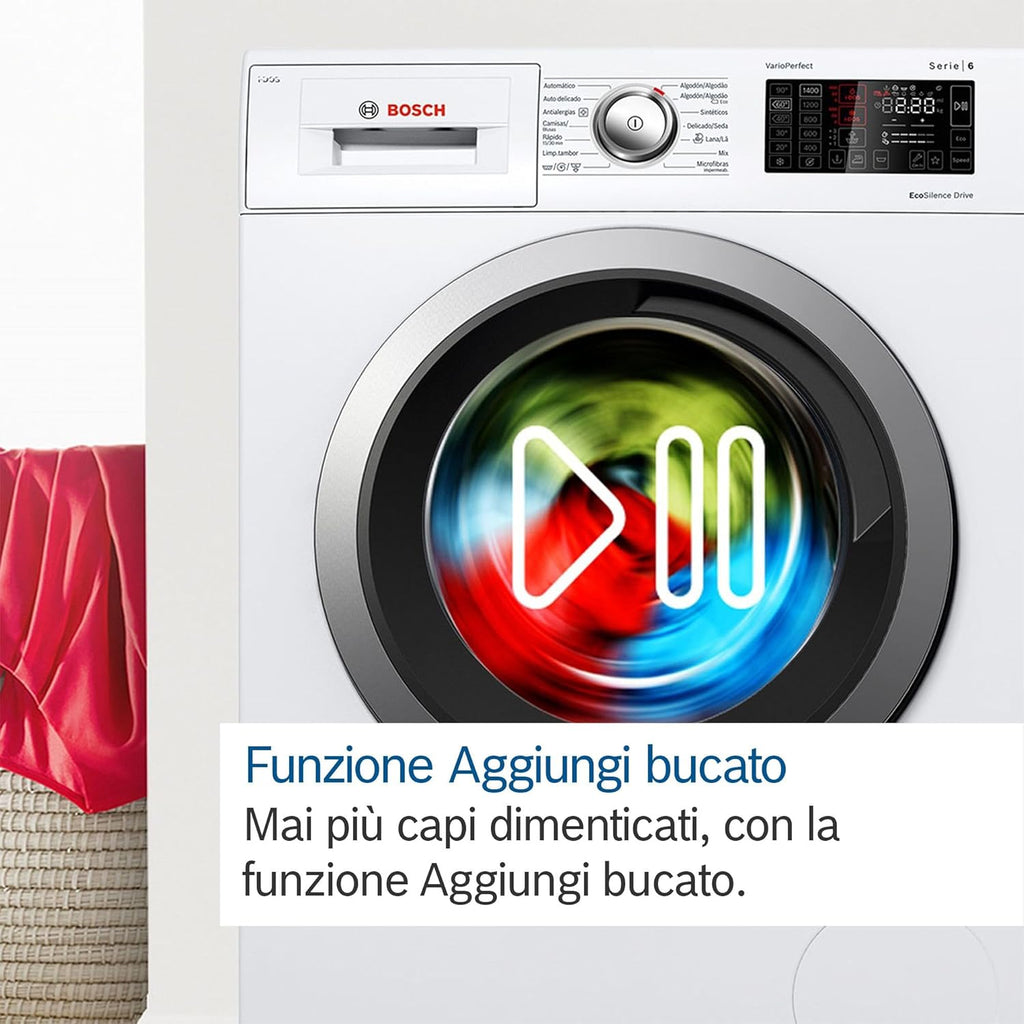 WGB24402IT Serie 8 Lavatrice smart a carica frontale, 9 kg, 1400 giri, Efficienza energetica A -50%, motore inverter con 10 anni di garanzia, riduce le pieghe, Bianco, 60 Cm