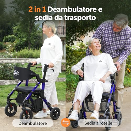 VOCIC Deambulatore Sedia Rotelle 2 in 1|Deambulatore per anziani 4 ruote con seduta,Carrello pieghevole per tutti i terreni|Rollator da esterno egolabile in altezza in alluminio |Blu 5 anni garanzia : Amazon.it: Salute e cura della persona