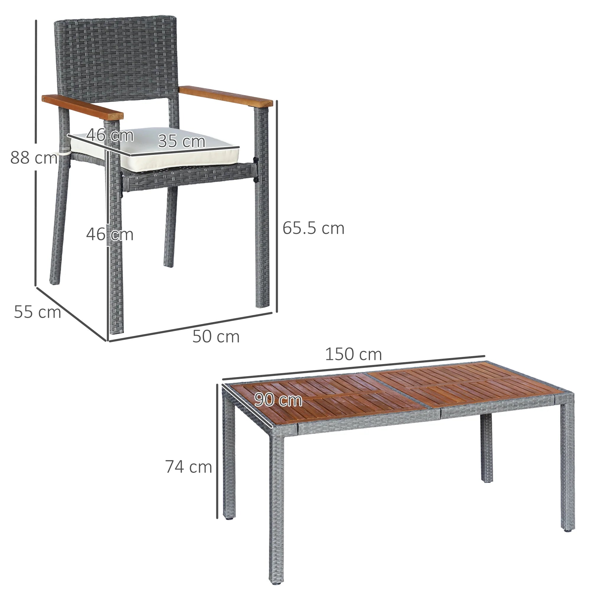 EasyComfort Set da Giardino 7 Pezzi, Tavolo in Acciaio e 6 Sedie in Legno e Rattan con Cuscini, Grigio