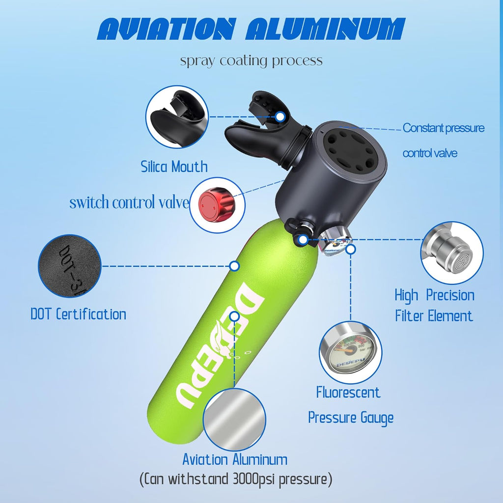 Bombola per immersioni subacquee, mini bombola da 0,5 l a pressione costante, bombole con valvola di intercettazione, capacità di immersione subacquea di 5-10 minuti, mini bombole portatili, bombole per immersioni subacquee con pompa