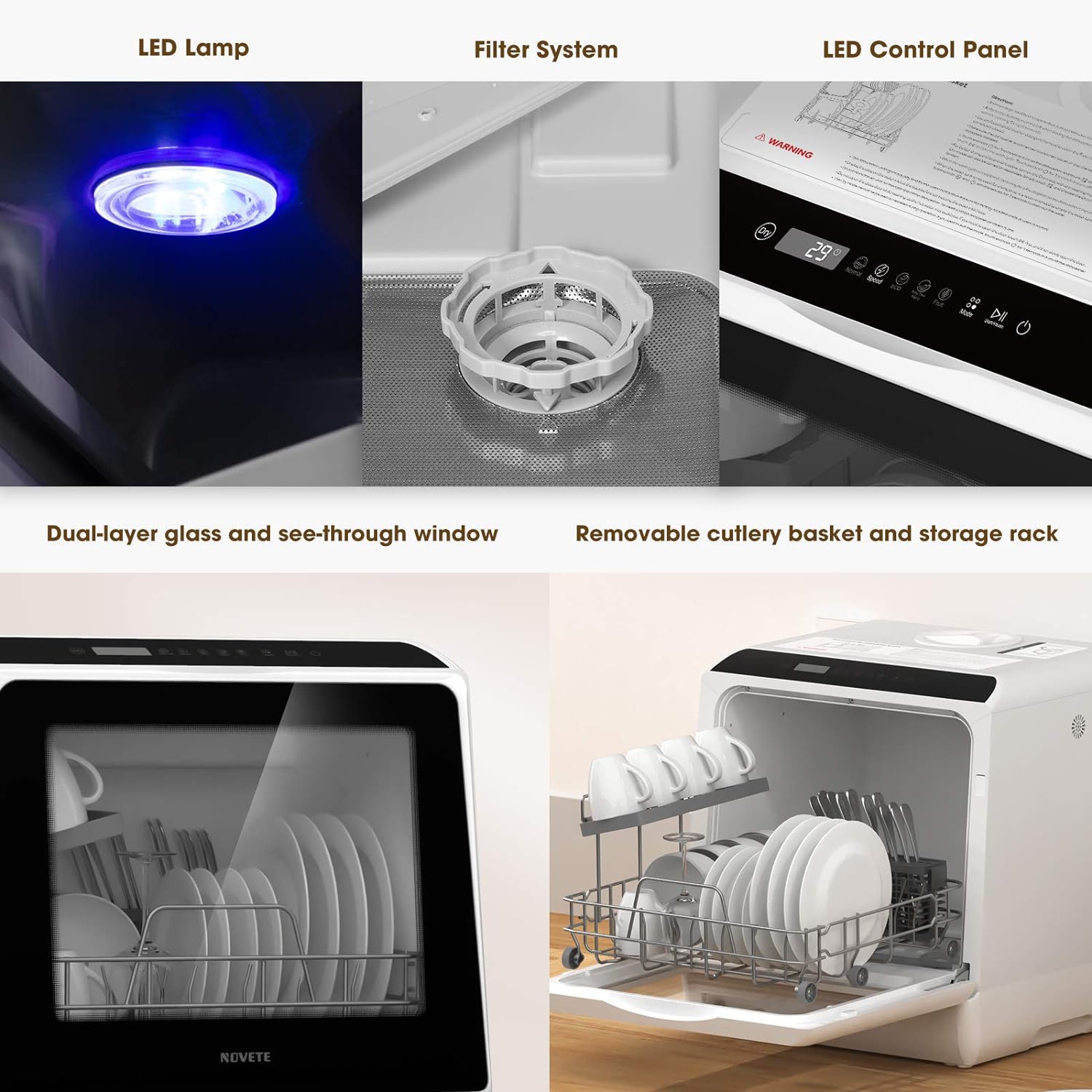 2025 lavastoviglie portatili da banco, lavastoviglie compatte con serbatoio dell'acqua incorporato da 5 L e tubo di ingresso, 5 programmi di lavaggio, cura del bambino, funzione di asciugatura ad aria e luce LED per piccoli appartamenti