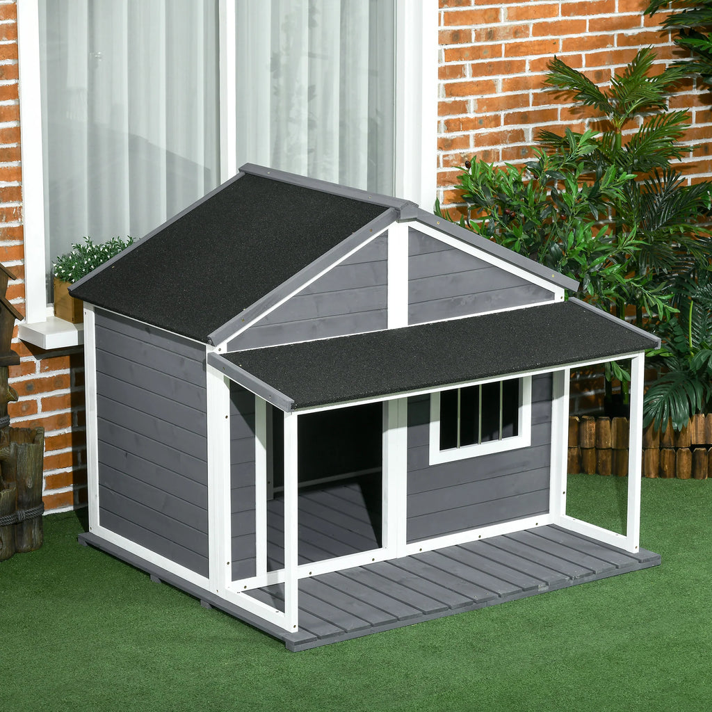 Easycomfort Cuccia per Cani da Esterno con Terrazza, Finestra e Tetto Impermeabile, 124x112x105cm, Grigio