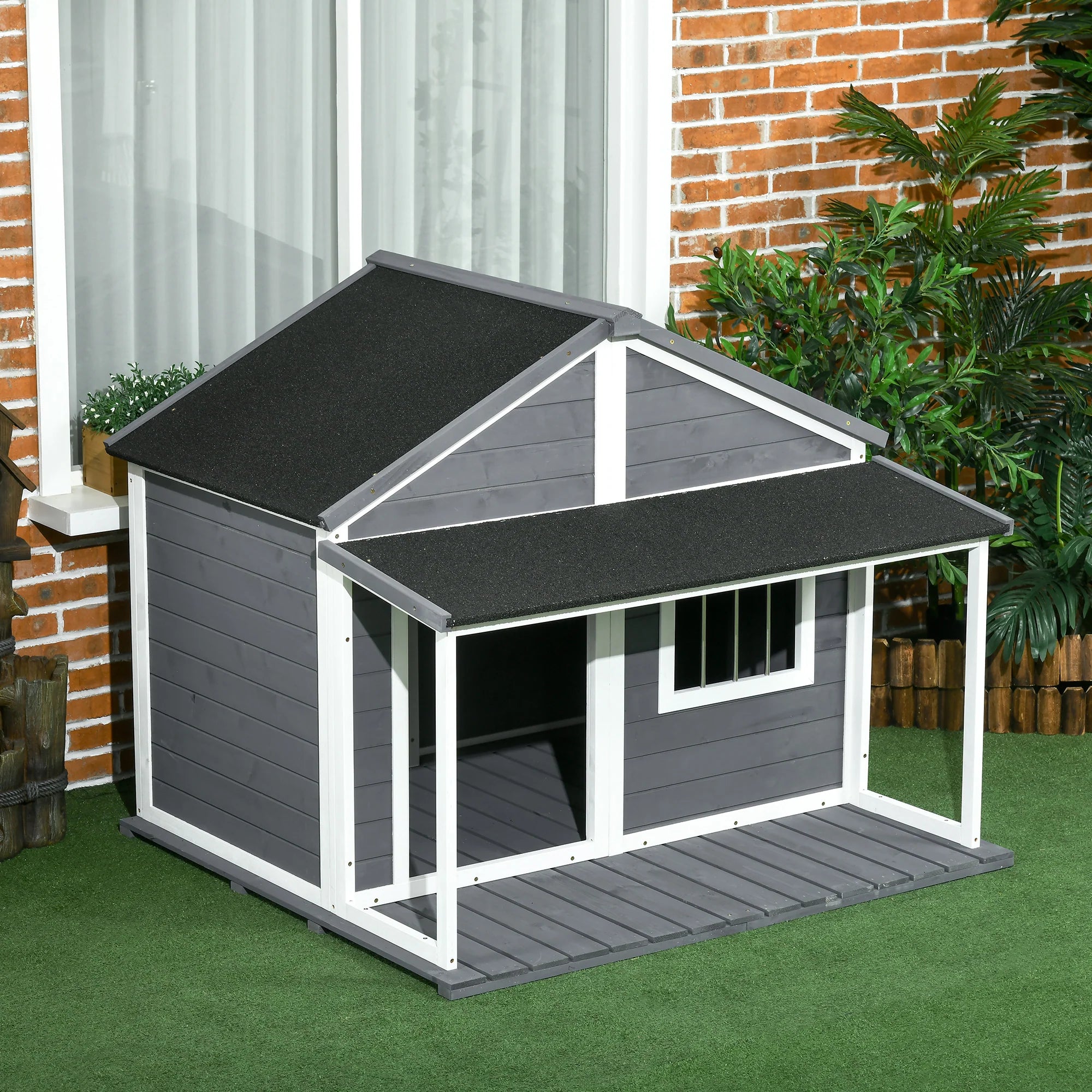 Easycomfort Cuccia per Cani da Esterno con Terrazza, Finestra e Tetto Impermeabile, 124x112x105cm, Grigio