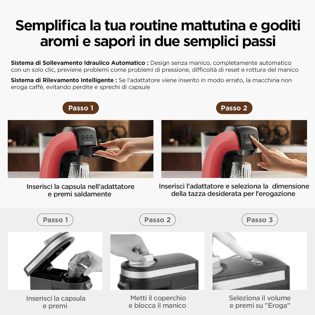 Warriors1 Macchina da Caffè Capsule 5in1 per Nespresso OL, Dolce Gusto, Lavazza A Modo Mio, FAP Espresso Point e Caffè Macinato, 20bar, 0,8L, Calore e Quantità Regolabili, Compatta per Casa e Ufficio