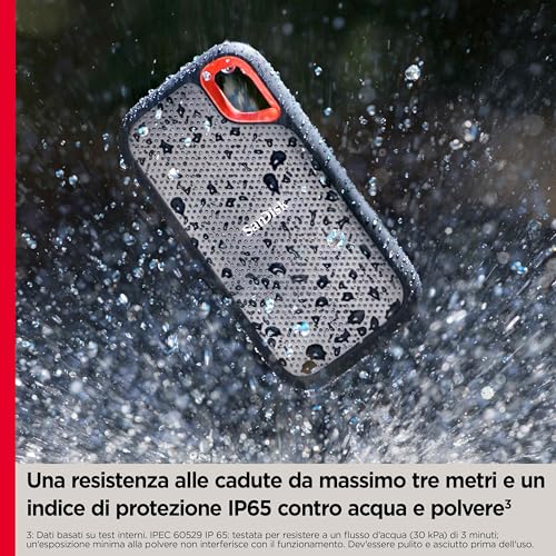 SanDisk 2TB Extreme SSD portatile, Unità a stato solido NVMe esterna, fino a 1050 MB/s, USB C, USB 3.2 Gen 2x2, Indice di protezione IP65 per la resistenza ad acqua e polvere, Nero : Informatica