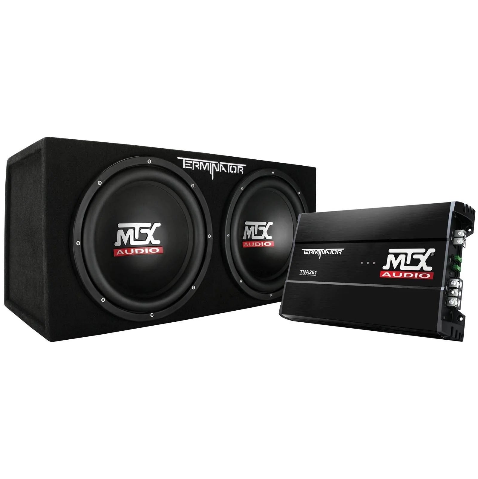Subwoofer per auto MTX da 12" a doppio caricamento con subwoofer, amplificatore e kit di cablaggio QPower
