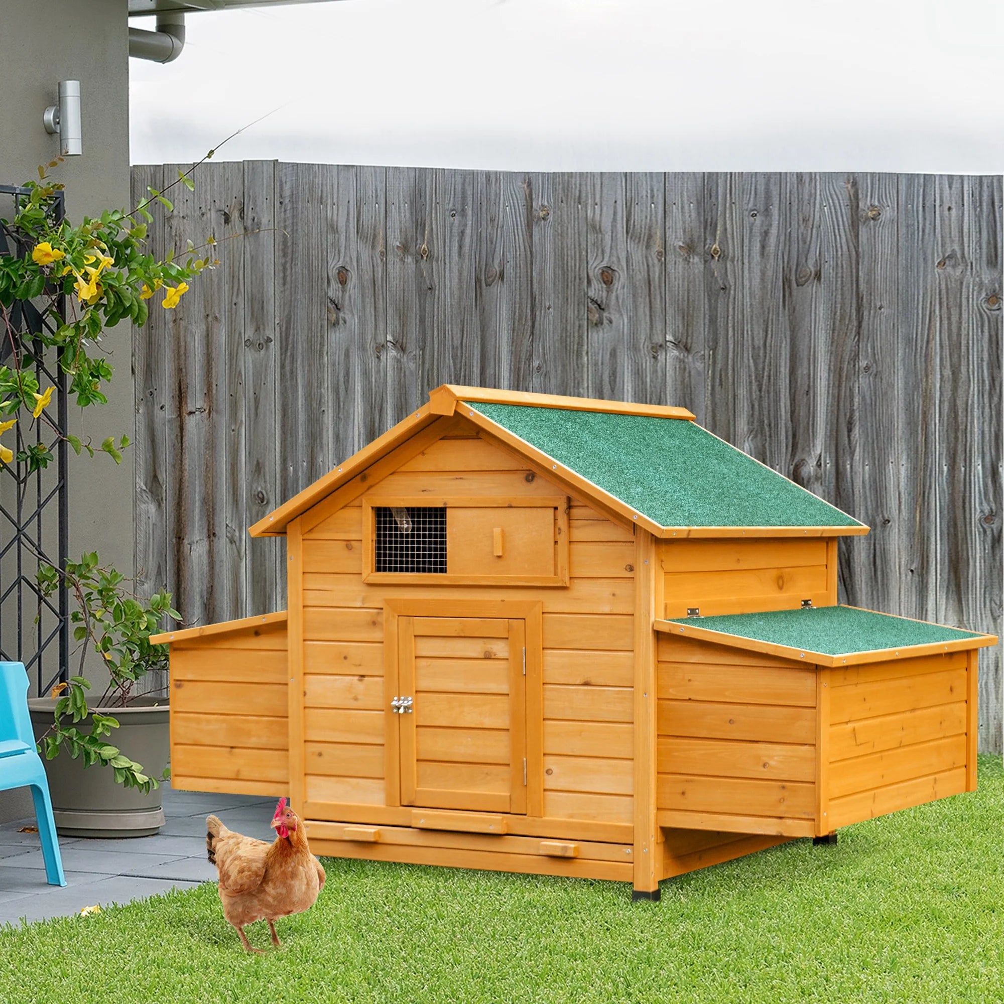 Easycomfort Pollaio Gabbia Ovaiole per Galline da Giardino con 2 Cassetti, Nido e Tetto da Esterno Impermeabile in Legno, 150x100x96.5 cm