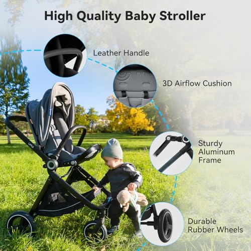 Passeggino Reversibile leggero (nero), ELITTLE EMU, passeggino portatile da 25 kg, ruote per tutti i terreni, pieghevole compatto, schienale regolabile a 95 175°, parasole UPF50  : Prima infanzia