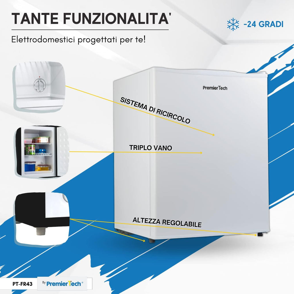 PremierTech Mini Congelatore, Freezer 42 litri, 4**** Stelle, Compatto, Da Tavolo, Risparmio Energetico, Porta reversibile, Bianco, PT-FR43