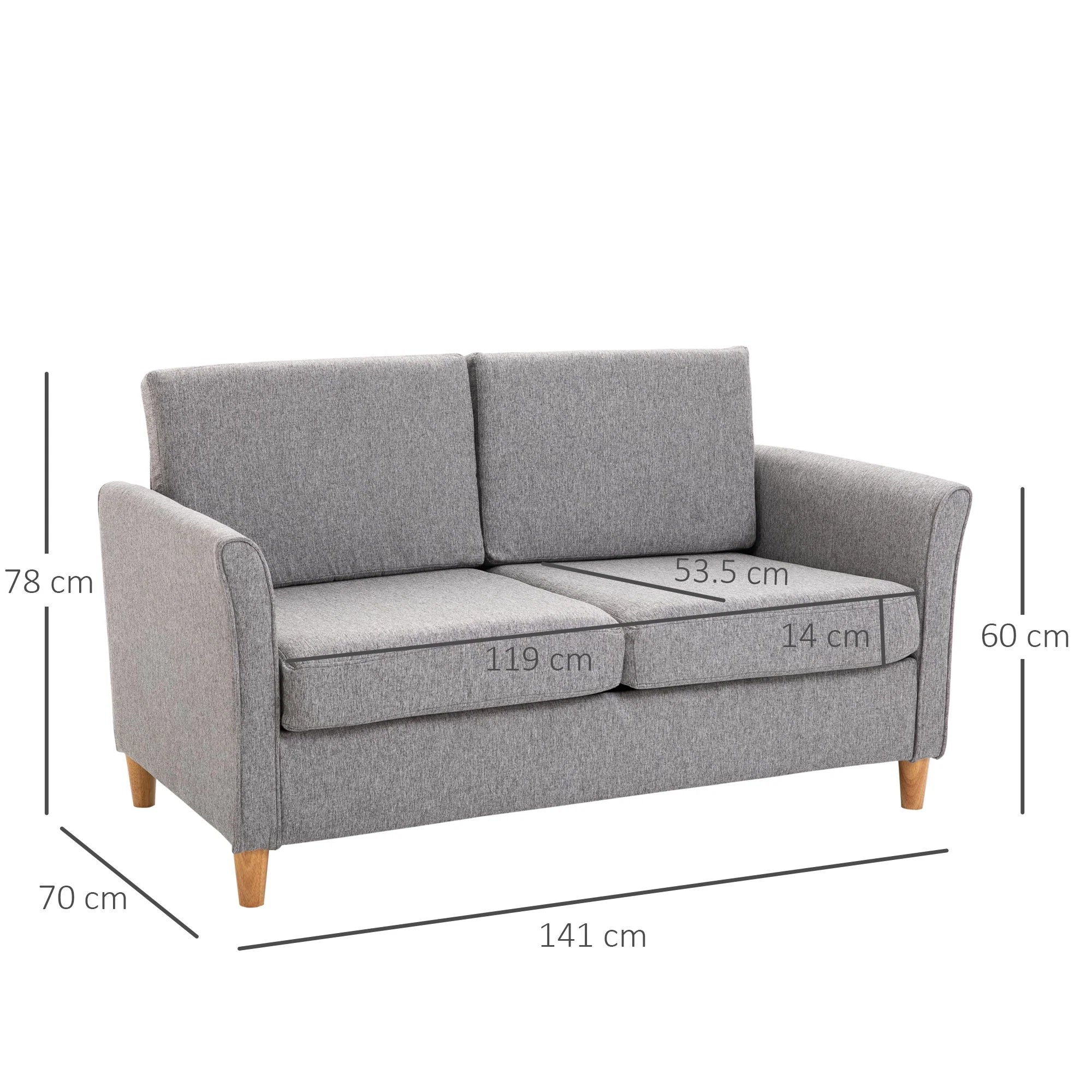 Divano 2 Posti 65x141x78 cm in Legno e Tessuto Lino  Grigio