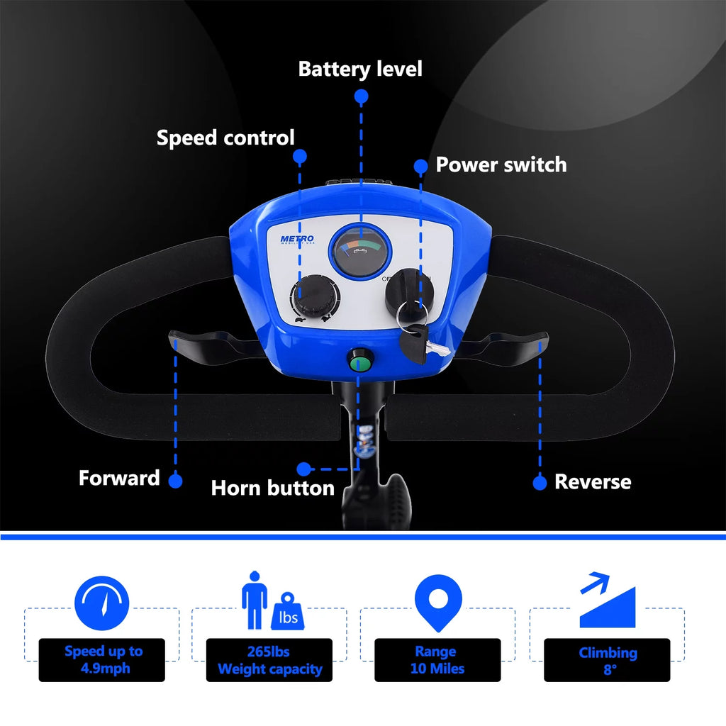 Scooter elettrico per anziani, sedia a rotelle elettrica pieghevole con cestino, pieghevole e compatto per viaggiare con la famiglia (blu) - MadeInUSA