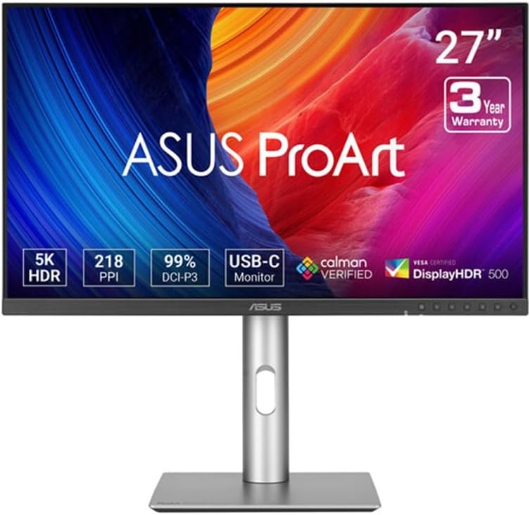 ProArt PA27JCV Display 27", 5K Ultra HD IPS (5120x2880), HDMI, DisplayPort, Hub USB, Accuratezza del Colore ΔE < 2, 100% sRGB, Nero e Argento