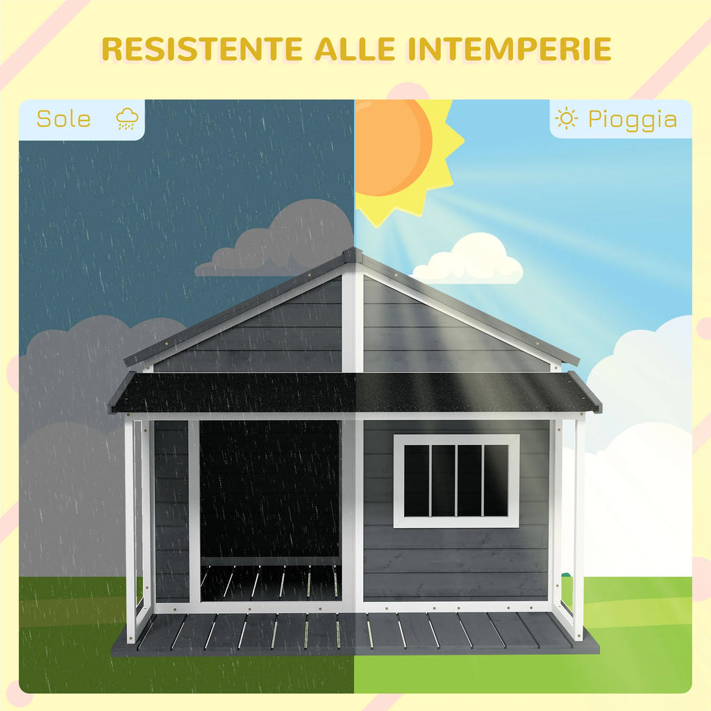 Easycomfort Cuccia per Cani da Esterno con Terrazza, Finestra e Tetto Impermeabile, 124x112x105cm, Grigio