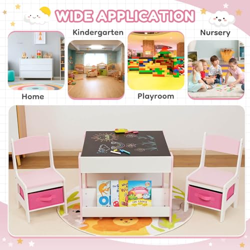 Yorbay Tavolo per Bambini con 2 Sedie, Set di Mobili per Bambini in Legno con Vano Portaoggetti e Scaffalature, 3 in 1, Tavolo da Attività e Tavolo da Tavolo, Cameretta dei Bambini,Sala Giochi : Casa e cucina