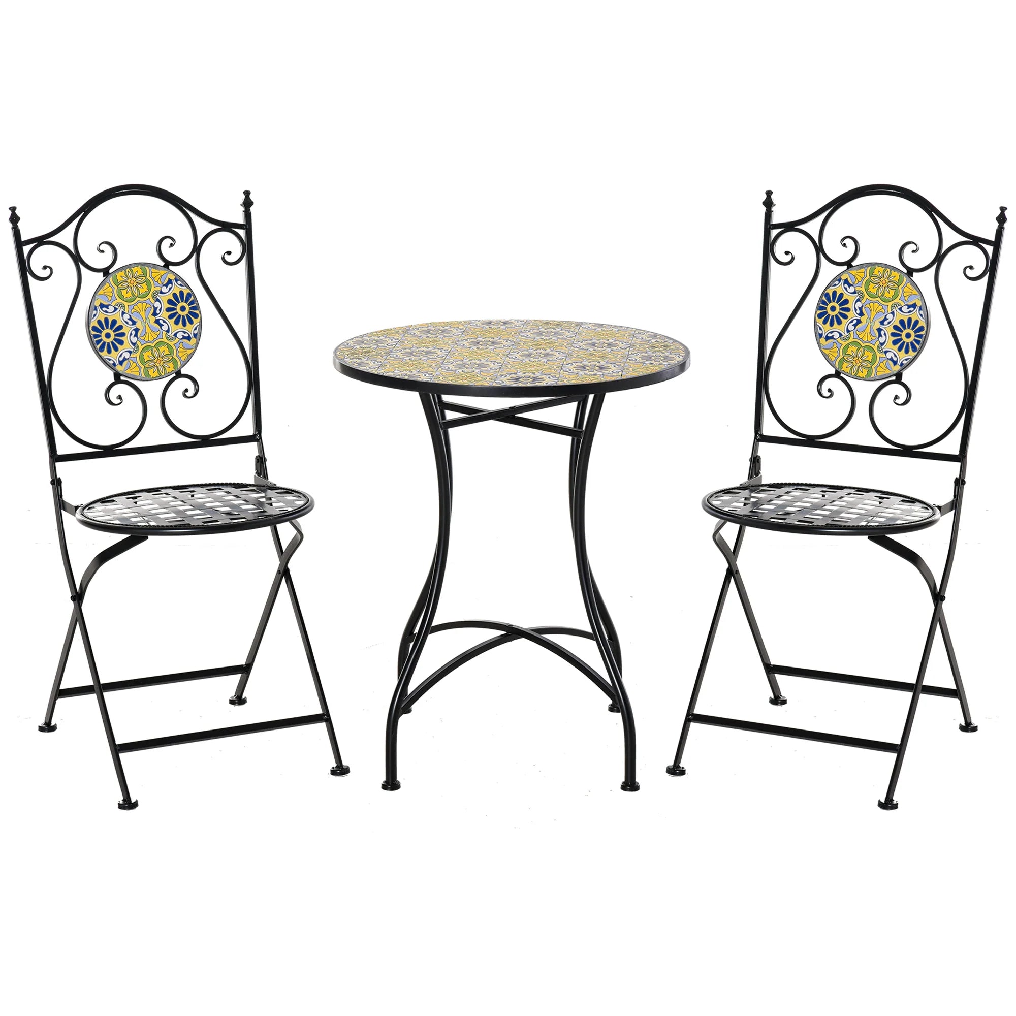 Easycomfort Set Tavolo e Sedie da Balcone 3 Pezzi, Set da Giardino Pieghevoli in Metallo con Maioliche Colorate, Multicolore