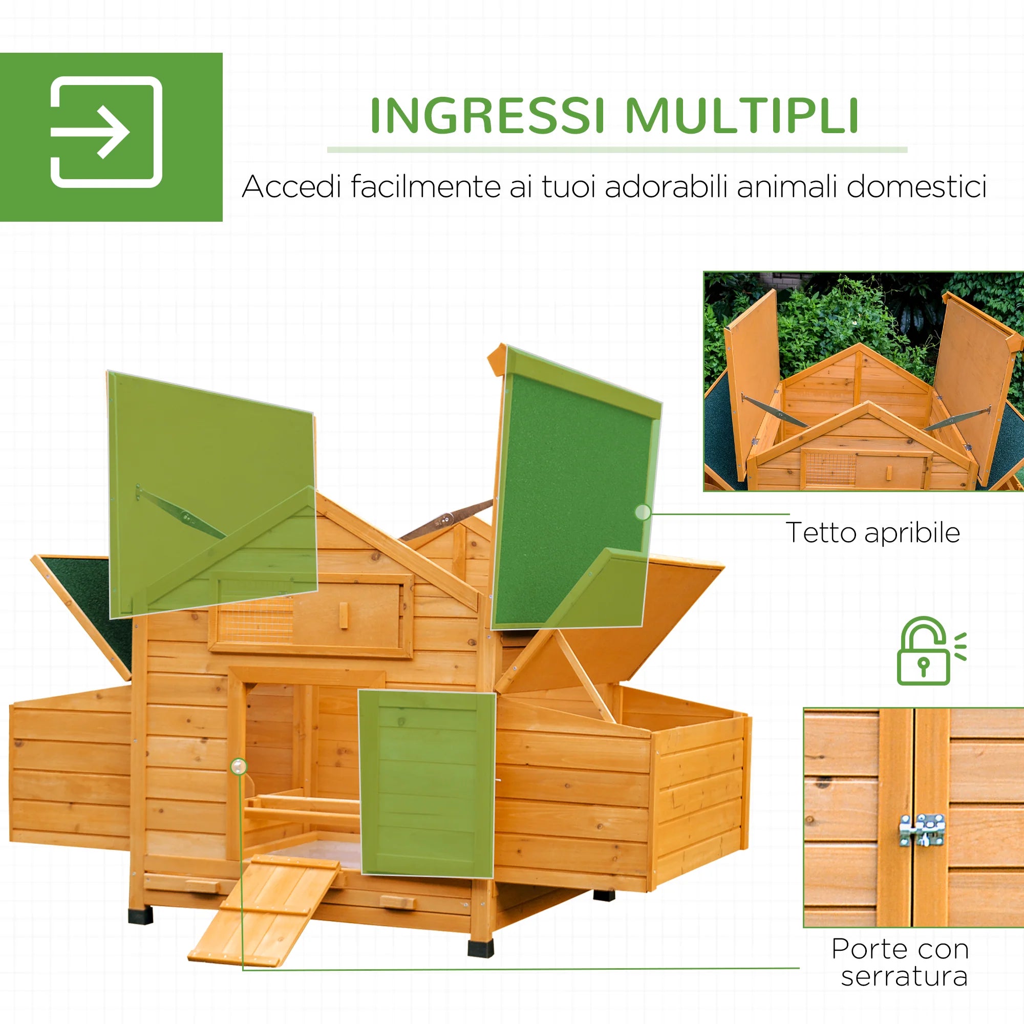 Easycomfort Pollaio Gabbia Ovaiole per Galline da Giardino con 2 Cassetti, Nido e Tetto da Esterno Impermeabile in Legno, 150x100x96.5 cm