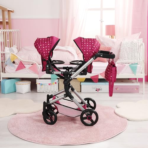 Bayer Design  Passeggino Gemellare, Carrozzina per Bambole, Regolabile in Altezza, Pieghevole con Borsa a Tracolla, Colore Rosso, Bordeaux, Fata, 26267AA : Giochi e giocattoli