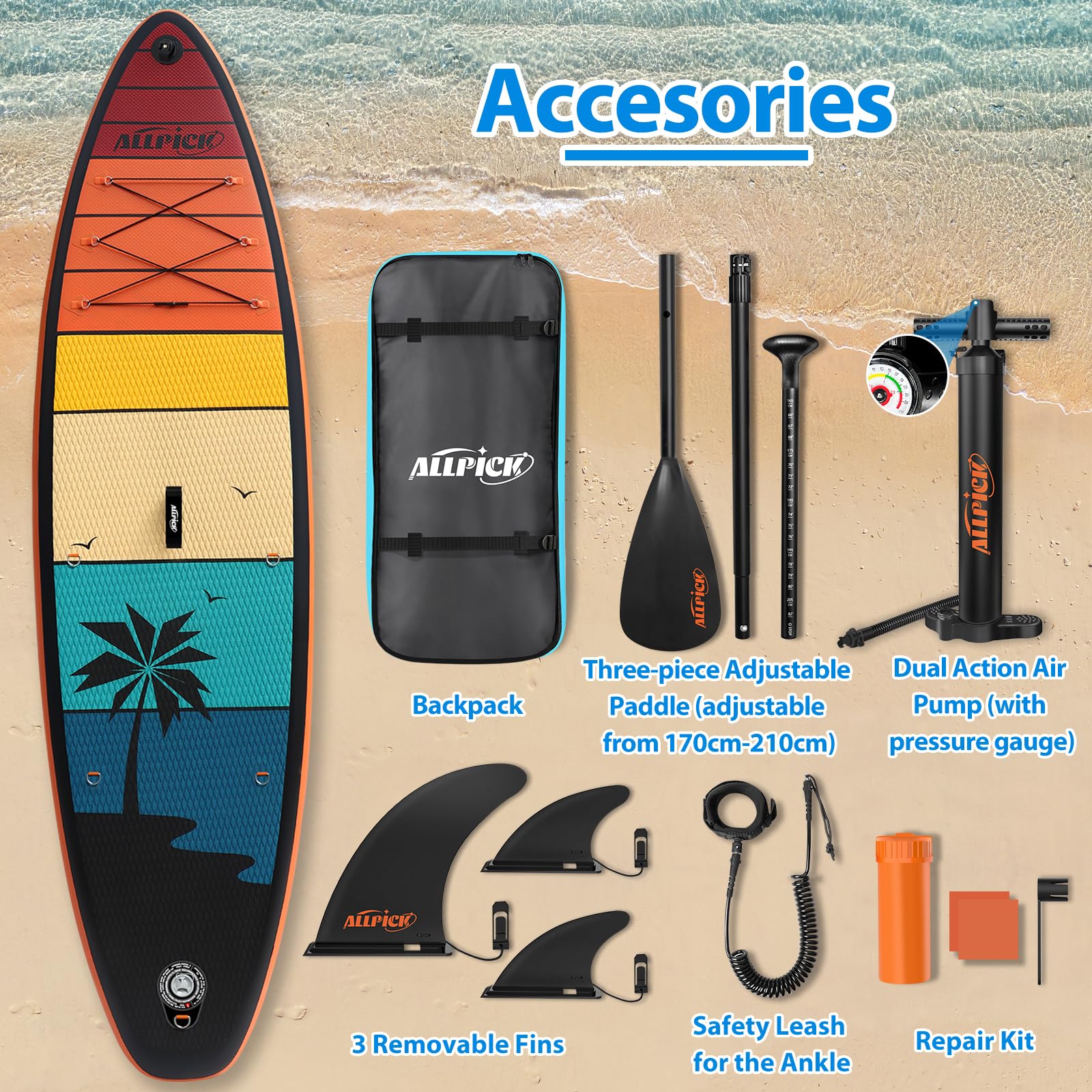 Set premium tavola SUP ALLPICK, tavola da Stand Up Paddling gonfiabile, con supporto universale per fotocamera, accessori completi, pagaia regolabile, per principianti e avanzati, capacità 150kg/180kg, colore arancione crepuscolo.