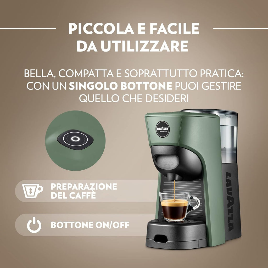 Lavazza, A Modo Mio Macchina per Caffè Tiny Eco Verde con 64 Capsule ¡Tierra! Assortite, Macchina per Espresso in Plastica Riciclata, 1450 W, 220-240 V, 50/60 Hz, 0.6 Litri