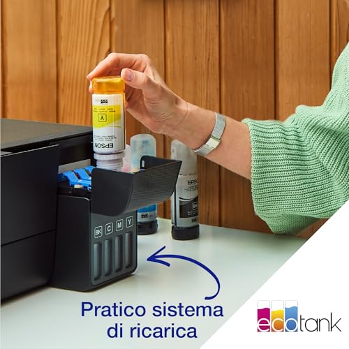 Epson EcoTank ET 2821 Stampante Multifunzione 3 in 1 A4, Serbatoi Ricaricabili Alta Capacità, 4 Flaconi Inclusi pari a 3600pag B/N 6500pag Colore, Display LCD USB Wi Fi/Direct, Nero : Informatica