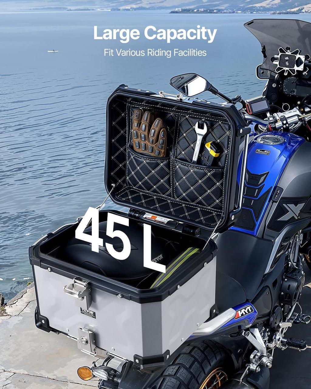 VEVOR Top Case 45L Universal Aluminium Alloy Luggage Rack with Leather Lining and Lock